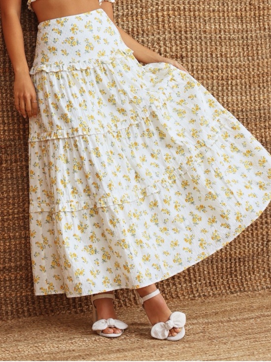 Altar'd State Dresses & Skirts - Altar'd State Yellow Floral Tiered Maxi Skirt Cotton Boho Eyelet White S